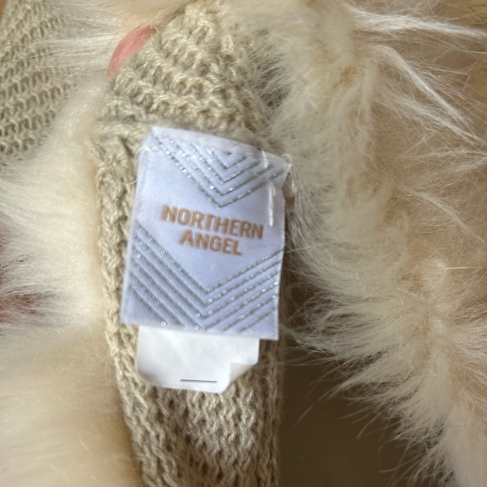 Faux Fur Trim Knit Poncho with Striped Detail - Picture 2 of 8